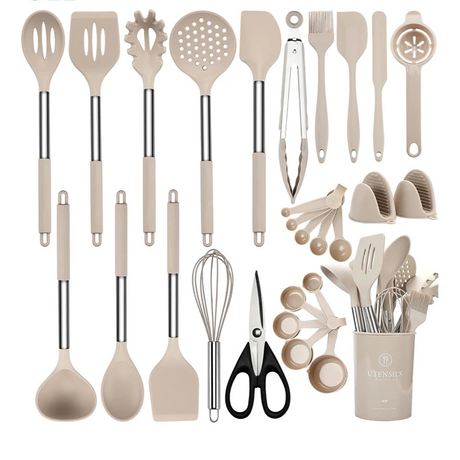 Set of kitchen utensils including spatulas, ladles, whisks, and measuring tools on a white background.