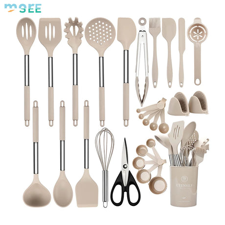 Set of kitchen utensils including spatulas, ladles, whisks, and measuring tools on a white background.