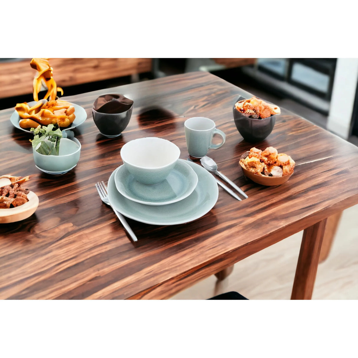 Sage Sixteen-Piece Luxury Ceramic Dinnerware Set for Four Stoneware Tableware Service Including Plates Utensils