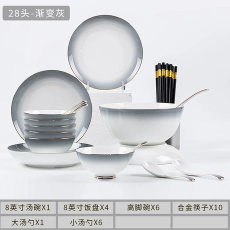 Elegant Gradient Grey Bone China Tableware Set - 60 Pieces