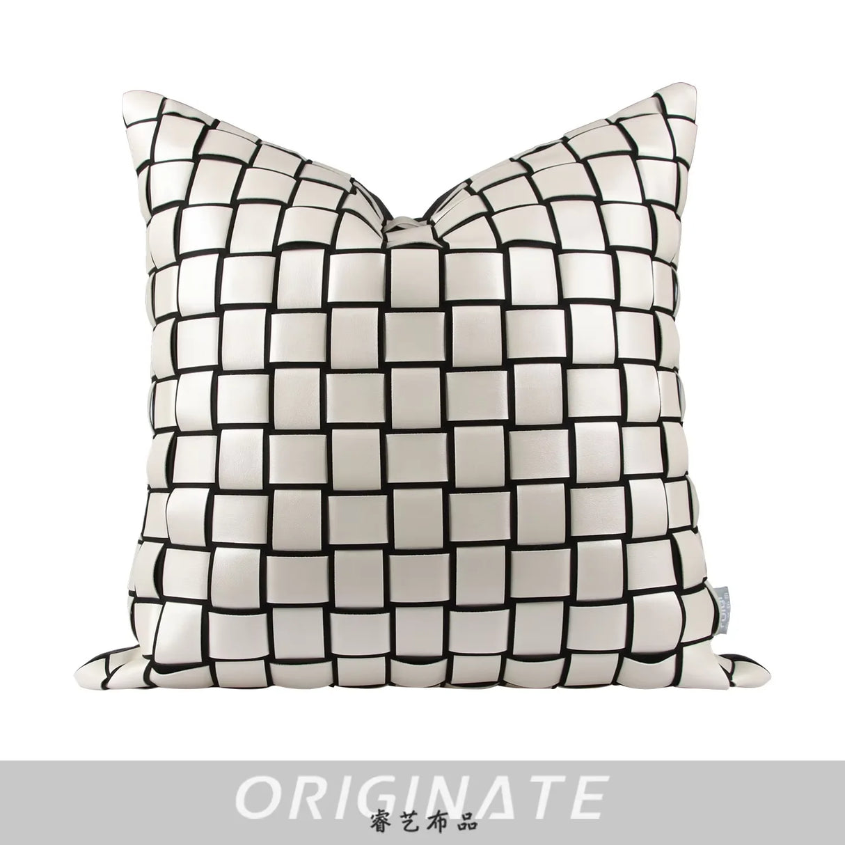 Leather White Simple Geometric Pattern Pillowcase Hand Woven square Check Home Cushion Cover