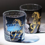 Hand Cut Festive  Edo Kiriko Glass Tumbler by Own Factory, Exquisite Red Cup with Golden Horse Pattern for Celebration