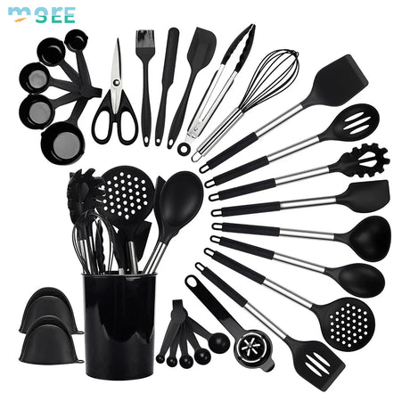 Set of black kitchen utensils including spoons, spatulas, and scissors on a white background with Mgee branding.