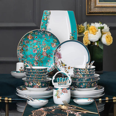 Luxurious 72-Piece Ceramic Dinnerware Set with Gold Rim and Floral Design