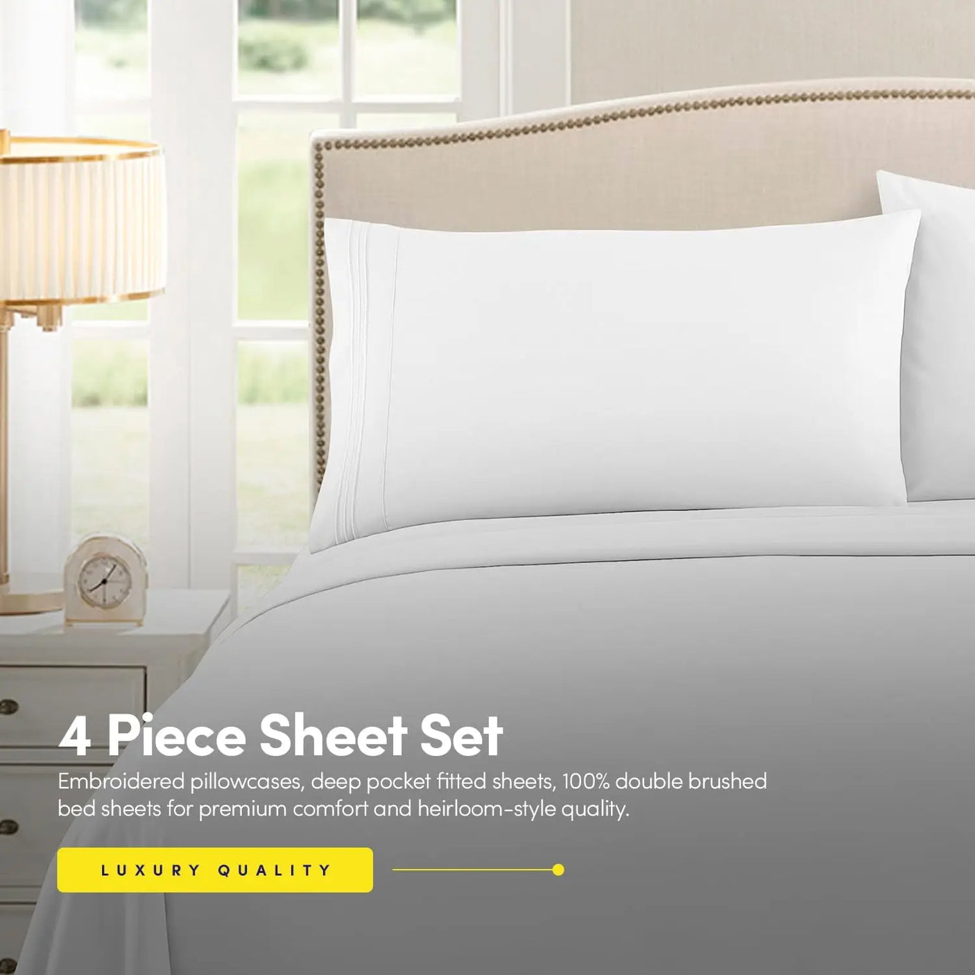 Luxury White Hotel Bed Sheet Set Extra Soft King Size Mattress Elastic Corner Straps Deep Pocket Quality Polyester