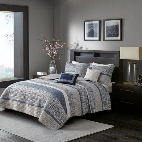 Navy Full/Queen Reversible Jacquard Quilt Set Throw Pillows 6-Piece Floral Vintage Pattern Soft Cotton for Wedding Hotel Julia M LifeStyles