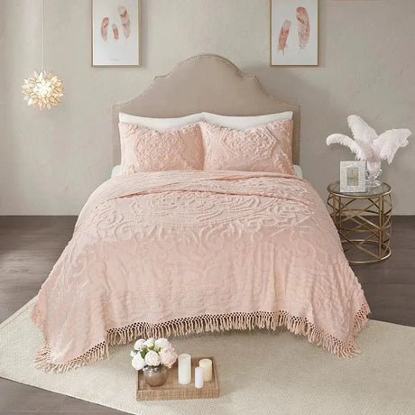 Tufted Cotton Chenille Medallion Fringe Coverlet Mini Set Bedspreads & Coverlets Julia M LifeStyles