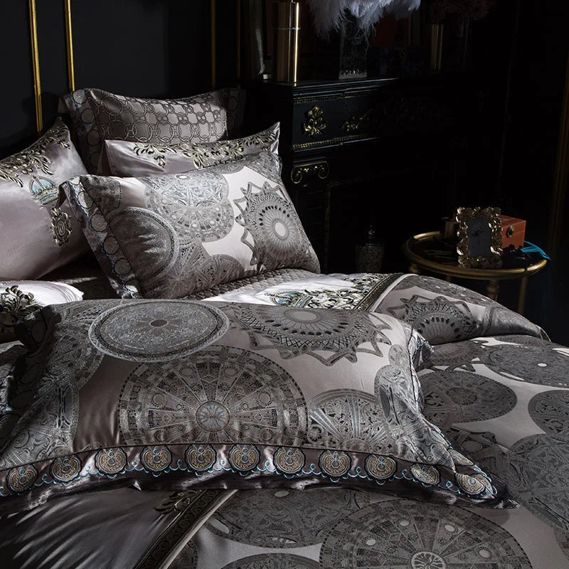 Golden Silver Red Luxury Wedding Royal Bedding sets Queen King size Embroidery Silk Satin Bohemia Duvet cover Bed sheet set - Julia M LifeStyles