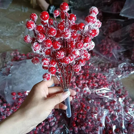 Twelve Frost Red Artificial Plants Greenery New Year Holly Branches Snowflake Christmas Decorations Home Decor Frost Red Fruit