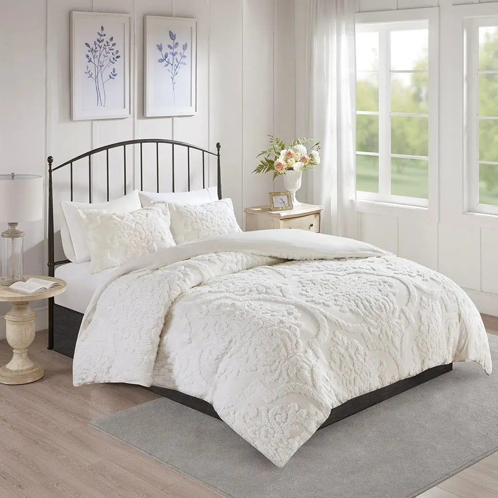 3-Piece Tufted Cotton Chenille Damask Duvet Cover Set Julia M LifeStyles