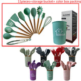 Silicone Kitchen Utensil Set - 11 Pieces with Storage Bucket