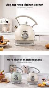 Vintage-style electric kettle on a kitchen counter with matching plans displayed below.