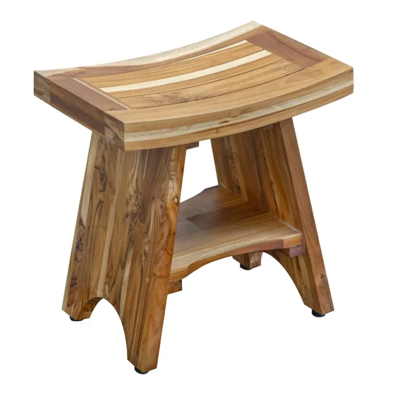 Compact Curvilinear Teak Outdoor Shower Bench with Shelf Julia M LifeStyles