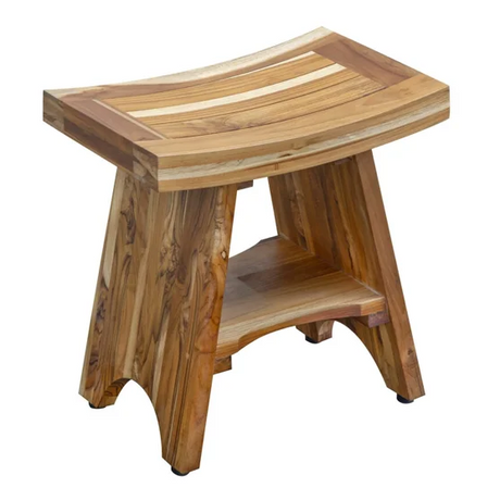 Compact Curvilinear Teak Outdoor Shower Bench with Shelf Julia M LifeStyles