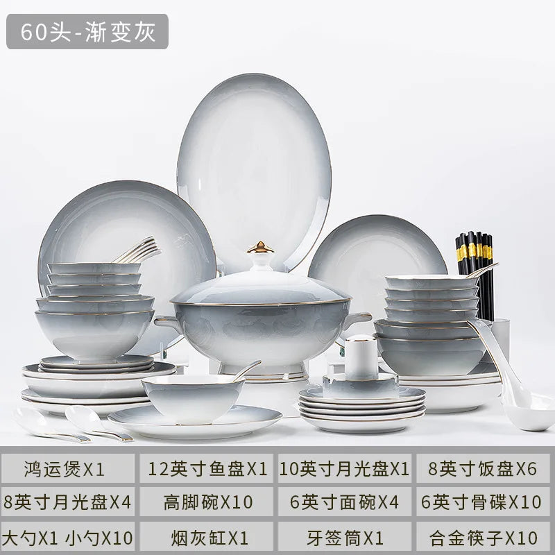 Elegant Gradient Grey Bone China Tableware Set - 60 Pieces