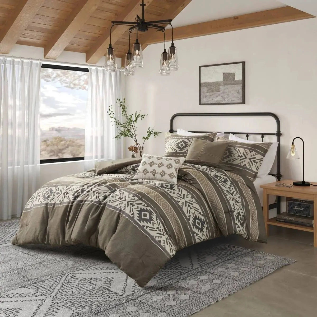 Comforter Set Throw Pillows 7-Piece Stripe Herringbone Breathable Duvet Cover for Double Bed Includes Fitted Bed Sheet Quilts Julia M LifeStyles