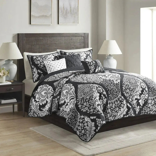 6-Piece Printed Cotton Quilt Set Throw Pillows Black Full/Queen Geometric Floral Soft Bedding for Winter for Wedding Hotel Julia M LifeStyles