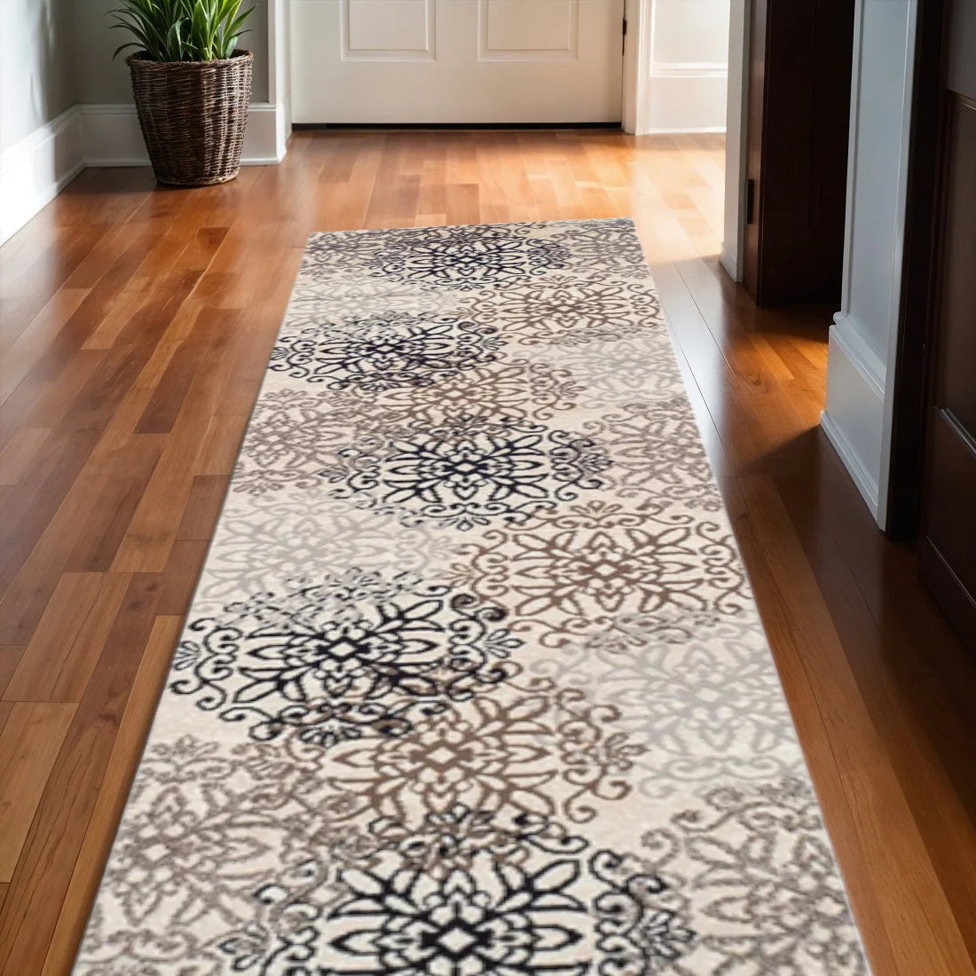 11' Tan Gray and Black Floral Medallion Runner Rug Stain Resistant Product
