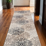 11' Tan Gray and Black Floral Medallion Runner Rug Stain Resistant Product