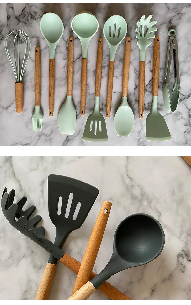 Silicone Kitchen Utensil Set - 11 Pieces with Storage Bucket