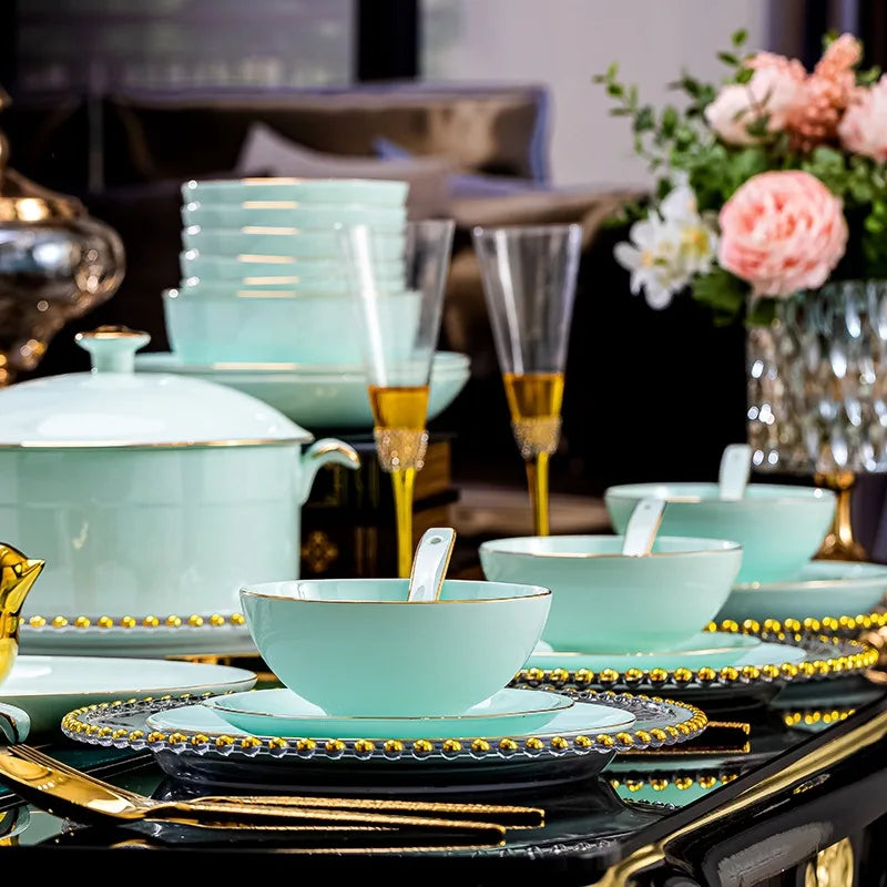 Nordic Gold Rim Best Ceramic Dishes Plates Bowl Kitchen Porcelain Ceramic Tableware Sets Bone China Plates for Dinner