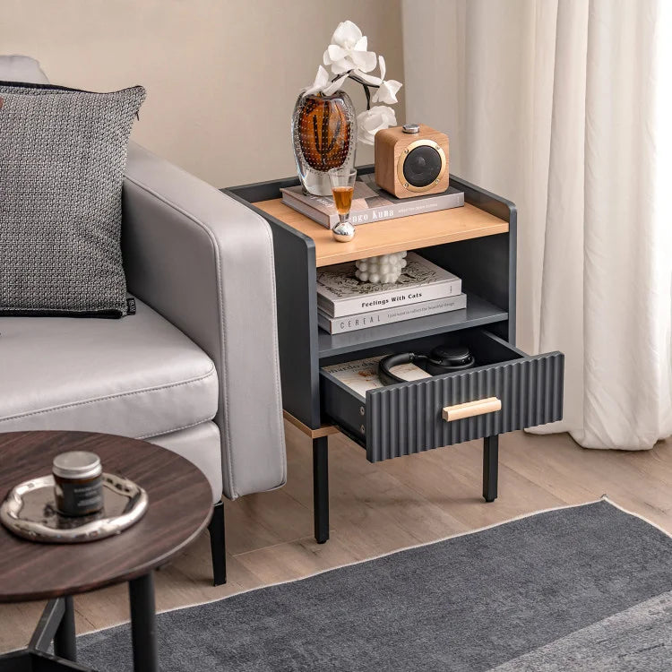 Modern Solid Pine Wood Nightstand Bedside End Table with Drawer and Open Shelf for Bedroom & Living Room for Apartment Use