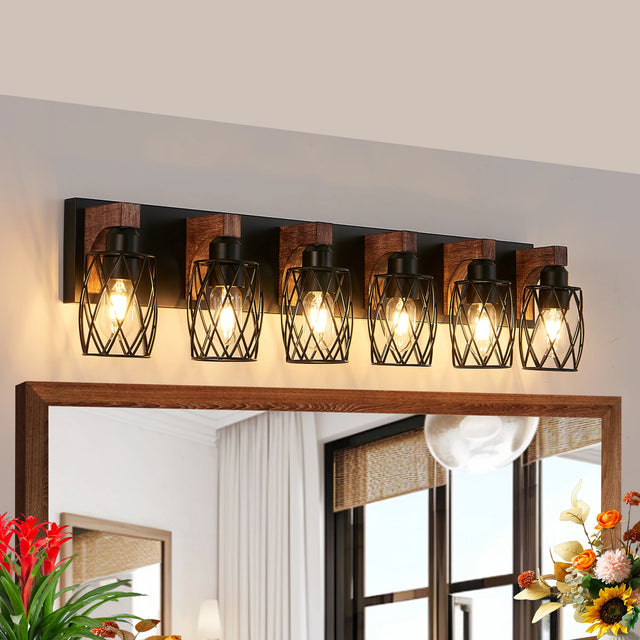 Modern wall-mounted light fixture with wooden accents in a room setting.