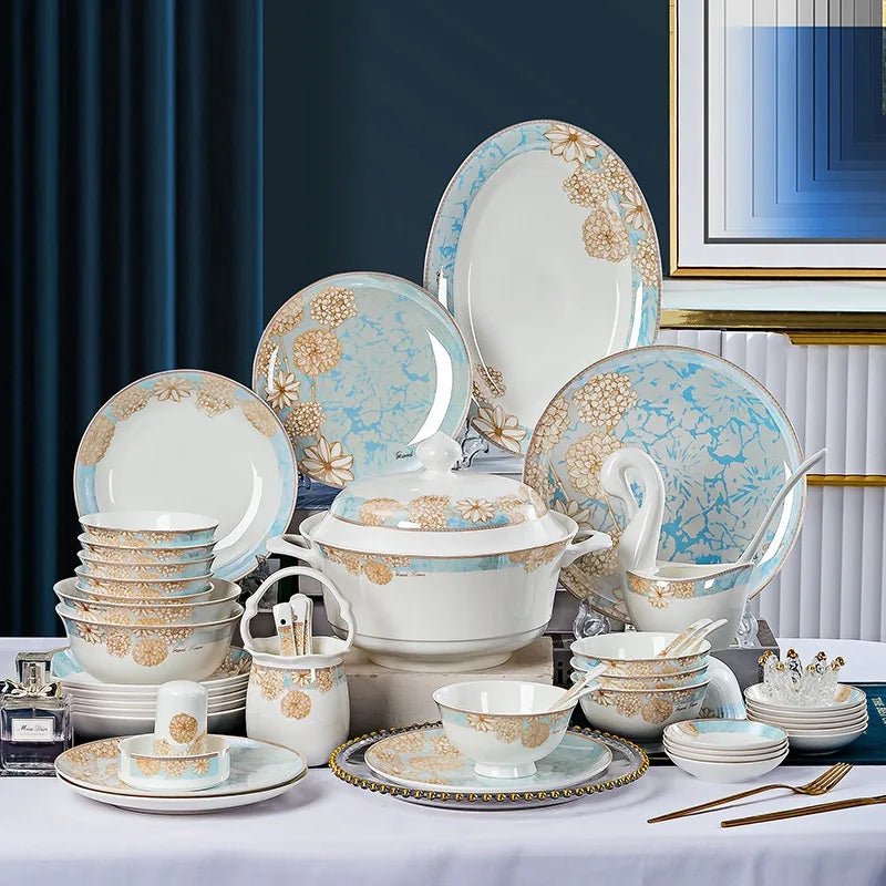 Bone China Dinnerware Set Luxury European Vintage Blue Elegant Wedding Party Dinnerware Set