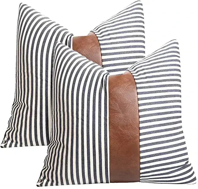 Home Decor Throw Pillow Cover Decorative Pillow Case Design Black Strips Faux Leather Patch Pillow 18x18 Geometric Cushion Cover Julia M LifeStyles