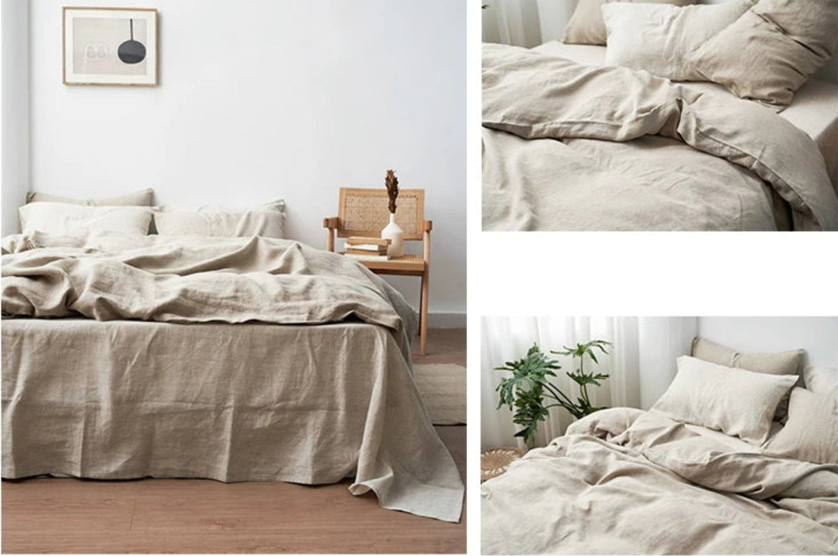 A collage showing a neutral beige linen bedding set styled in a minimalist bedroom. The main panel shows the bed made up with a beige duvet cover and matching pillows, with a small wooden side table and framed wall art.
