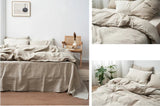 A collage showing a neutral beige linen bedding set styled in a minimalist bedroom. The main panel shows the bed made up with a beige duvet cover and matching pillows, with a small wooden side table and framed wall art.