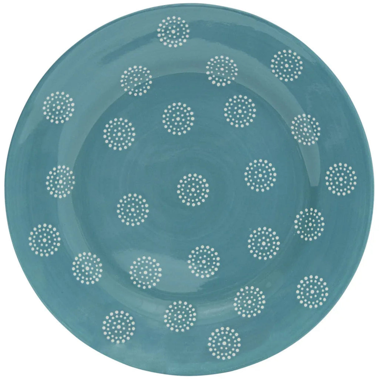 Teal plate with white dot pattern on a white background