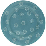 Teal plate with white dot pattern on a white background