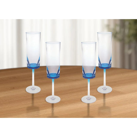 High Quality Set of Four Clear and Blue Acrylic Stemmed Flutes Disposable Transparent Glass Type