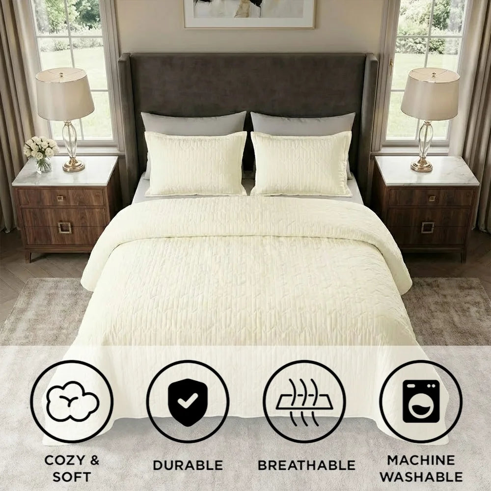 Rocio-Beige Quilted Polyester Bedspread Set, 3-Piece