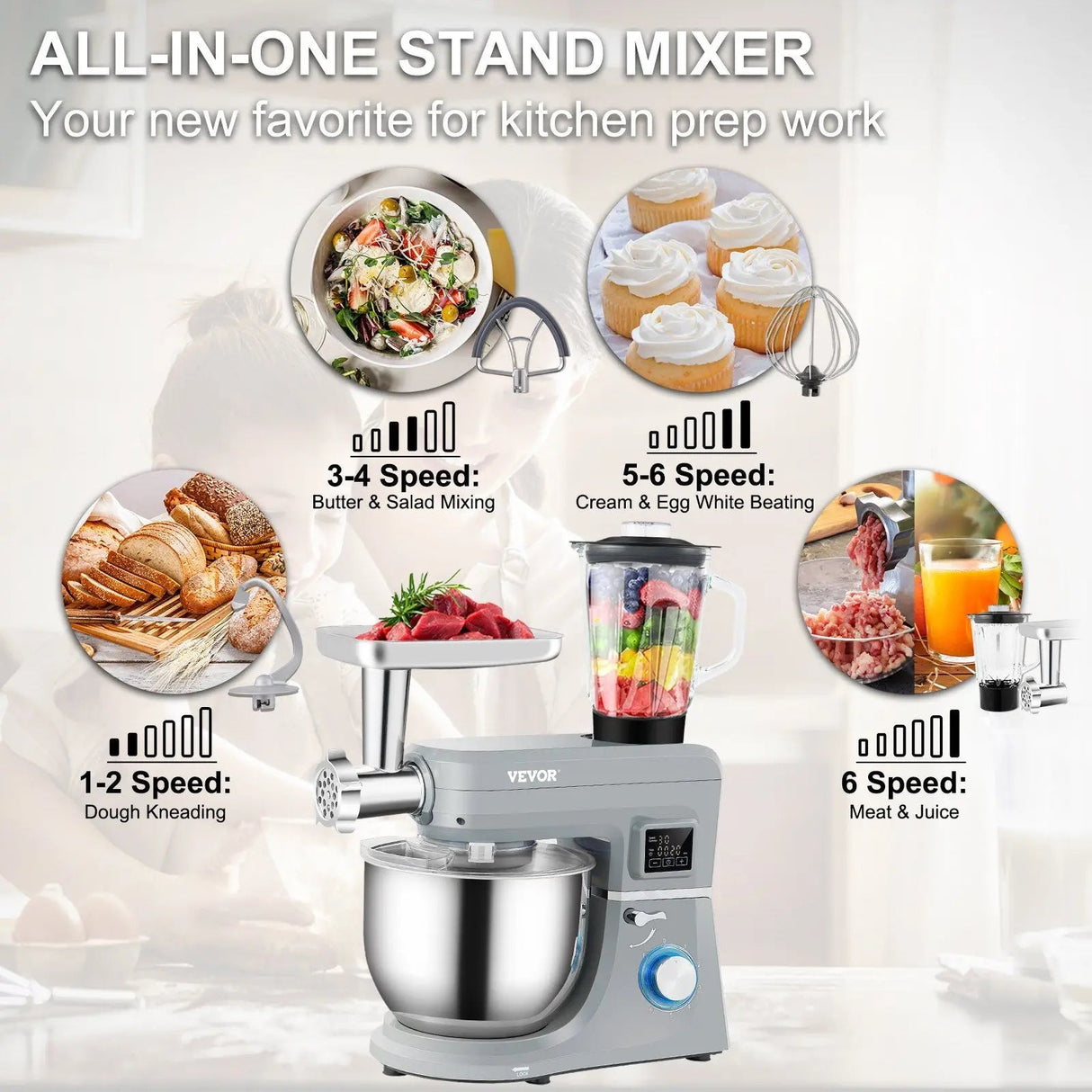 VEVOR 5-in-1 660W Tilt-Head Multifunctional Electric Food Mixer with 6 Speeds & LCD Timing 7.4 Qt Stainless Bowl Dough Hook Julia M LifeStyles