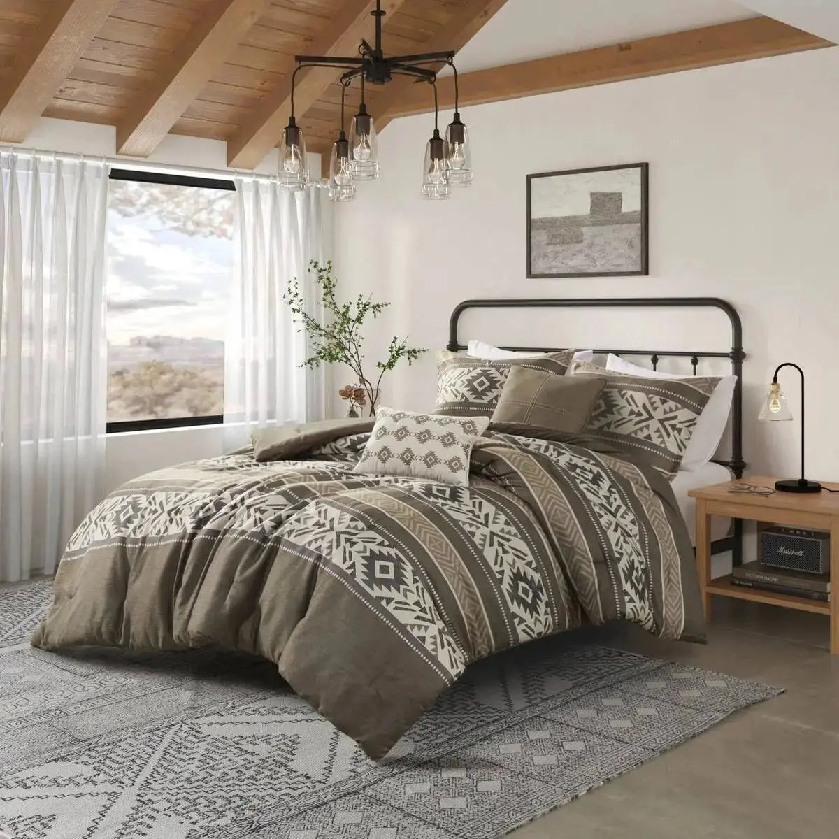 Comforter Set Throw Pillows 7-Piece Stripe Herringbone Breathable Duvet Cover for Double Bed Includes Fitted Bed Sheet Quilts Julia M LifeStyles