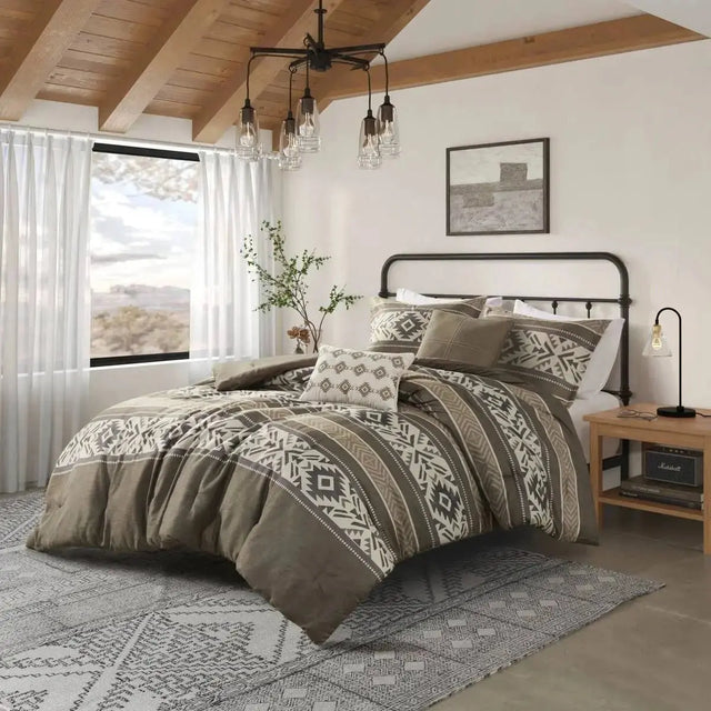 Comforter Set Throw Pillows 7-Piece Stripe Herringbone Breathable Duvet Cover for Double Bed Includes Fitted Bed Sheet Quilts Julia M LifeStyles