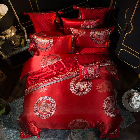 Golden Silver Red Luxury Wedding Royal Bedding sets Queen King size Embroidery Silk Satin Bohemia Duvet cover Bed sheet set - Julia M LifeStyles