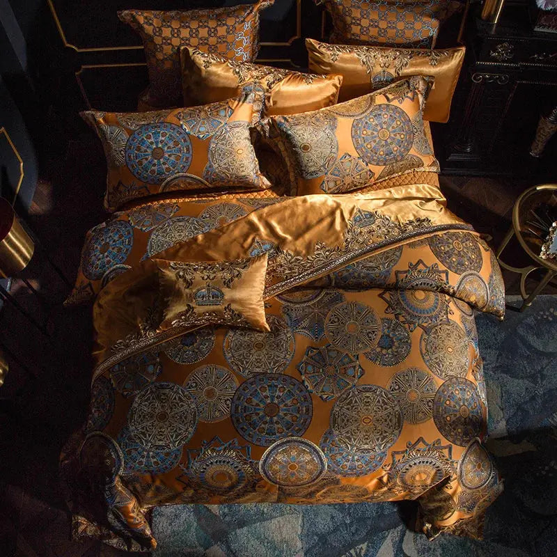 Luxury Golden Silver Satin Cotton Bedding Set - Oversized Queen/King Duvet Cover with Pillowcases - Julia M LifeStyles