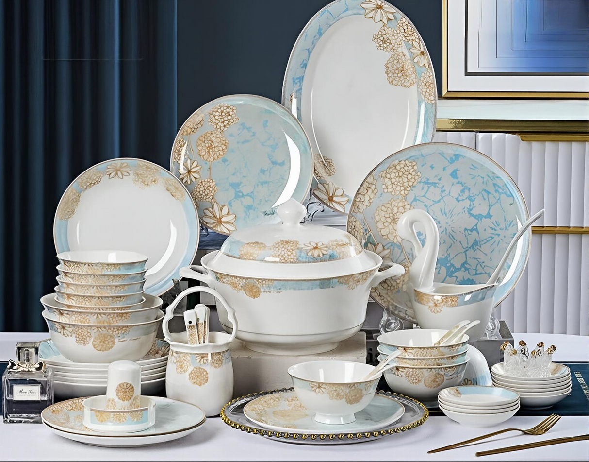 Bone China Dinnerware Set Luxury European Vintage Blue Elegant Wedding Party Dinnerware Set
