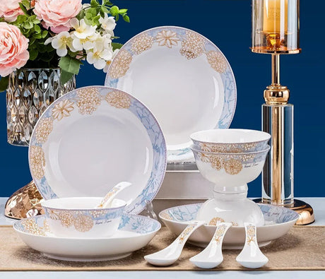 Bone China Dinnerware Set Luxury European Vintage Blue Elegant Wedding Party Dinnerware Set