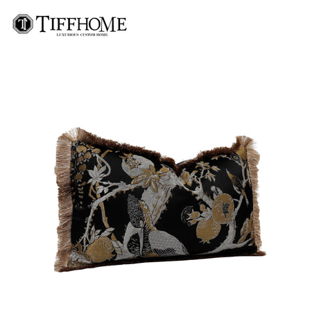 TIFFHOME Modern Organic Decorative Bed Sofa Pillows Cushions Black Gold Waist Pillow Cases with Flower Bird Tassels Home Decor
