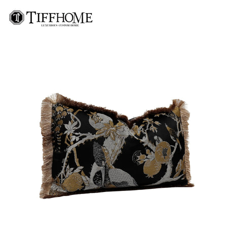 Modern Organic Decorative Bed Sofa Pillows Cushions Black Gold Waist Pillow Cases with Flower Bird Tassels Home Decor Julia M LifeStyles
