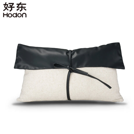 Simple Modern Sofa Model Room PU Leather Splicing Black Decoration Pillow Villa Light Luxury Waist Pillow Bow Pillowcase