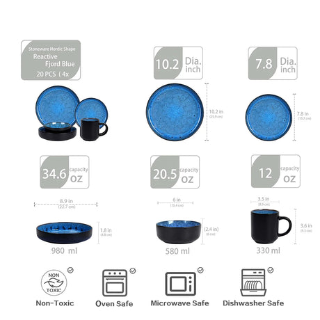 Microwave, Dishwasher, Oven Safe Blue Bubble 20pcs Plate and Bowl Set Reactive Glaze Stoneware Dinnerware Sets for 4