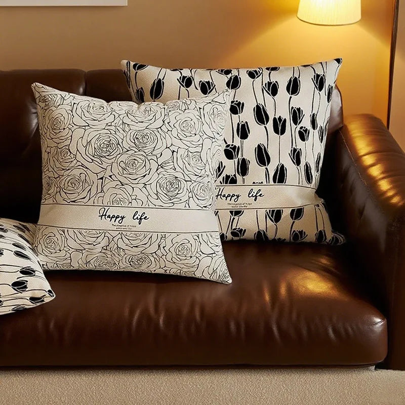 Nordic Style High-End French Retro Pillow Black and White Abstract Art Decorative Cushion for Sofa Bedroom