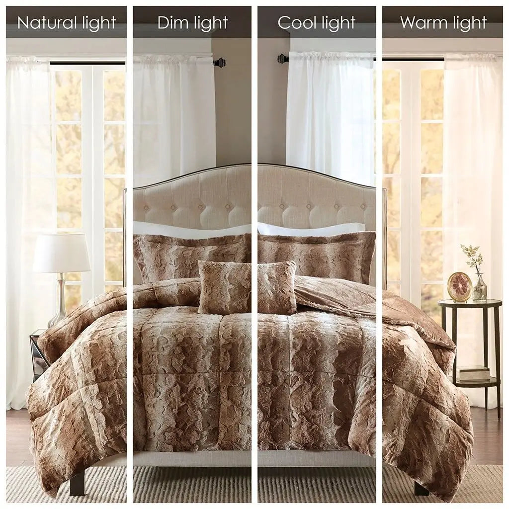 4PC Faux Fur Comforter Set Floral Printed Super King King Queen Soft Comfortable for Home Hotel Wedding PVC Cotton Julia M LifeStyles