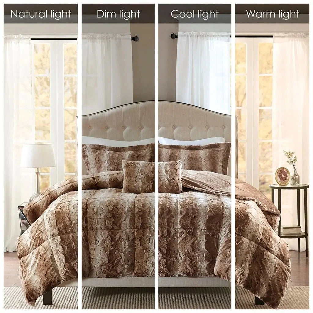 Floral Faux Fur Comforter Set - 4PC, Super King/King/Queen Julia M LifeStyles