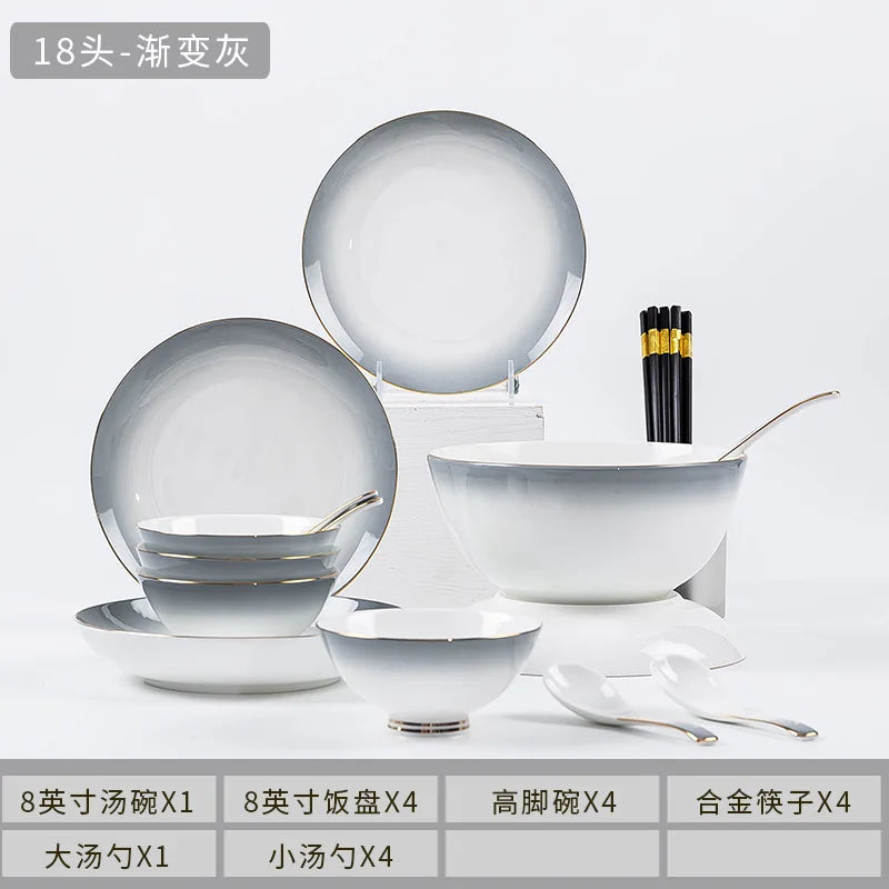 Elegant Gradient Grey Bone China Tableware Set - 60 Pieces